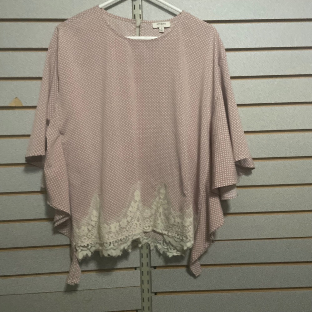 Umgee USA Soft Pink Polka‎ Dot Lace Trim Tunic Top Women's Size S Flutter Sleeve